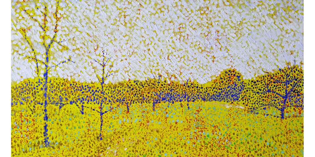 apple orchard, garden, pointillist art, neoimpressionism, contemporary art, artist, impressionism, art deco, painting, digital painting, Nicholaas Chiao