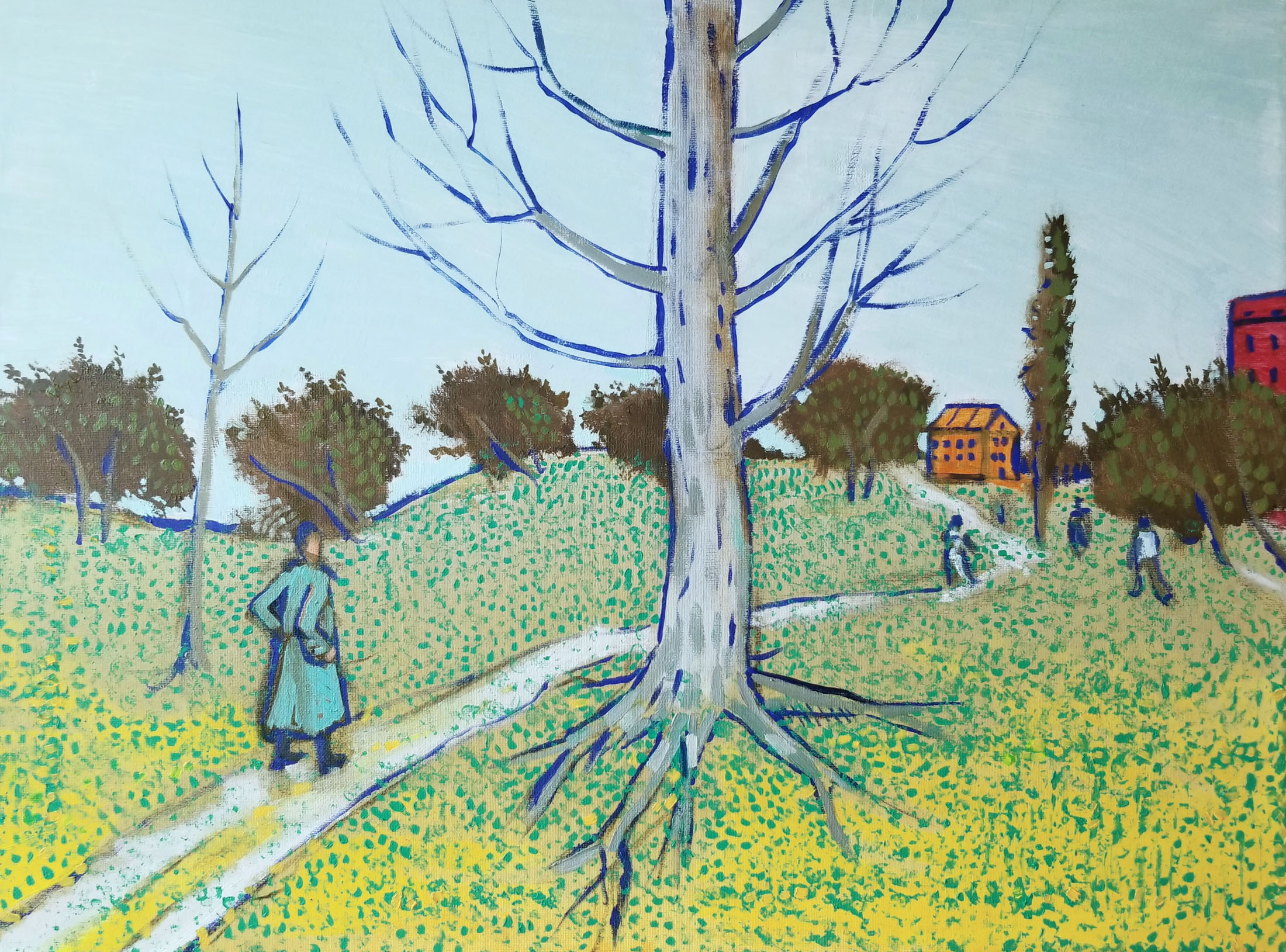 apple garden, walking man, impressionism, neo impressionism, art, fine art, painting, Nicholaas Chiao